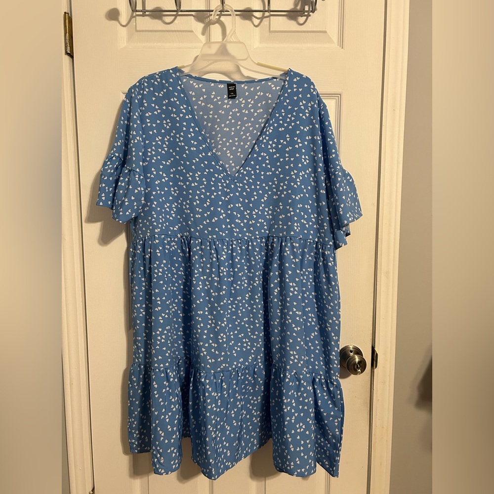 Blue Heart Print Tiered Mini Dress Plus Size 1XL Flutter Sleeve